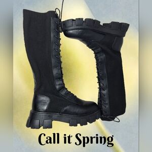 Call It Spring Womens 8.5M Black Sock Knee High Boots Chunky Sole Lace Up